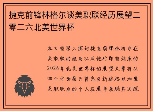 捷克前锋林格尔谈美职联经历展望二零二六北美世界杯